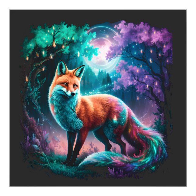 Enchanted Fox Under Moonlit Sky – Vibrant Fantasy  Photo Print (Front)