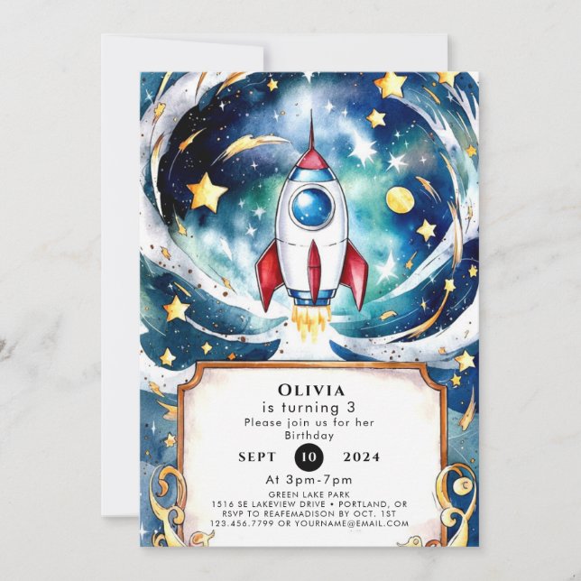 Enchanted Galaxy Rocket Birthday Invitation (Front)