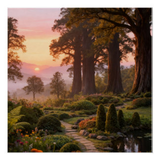 Enchanted Garden at Dawn Majestic Trees Poster