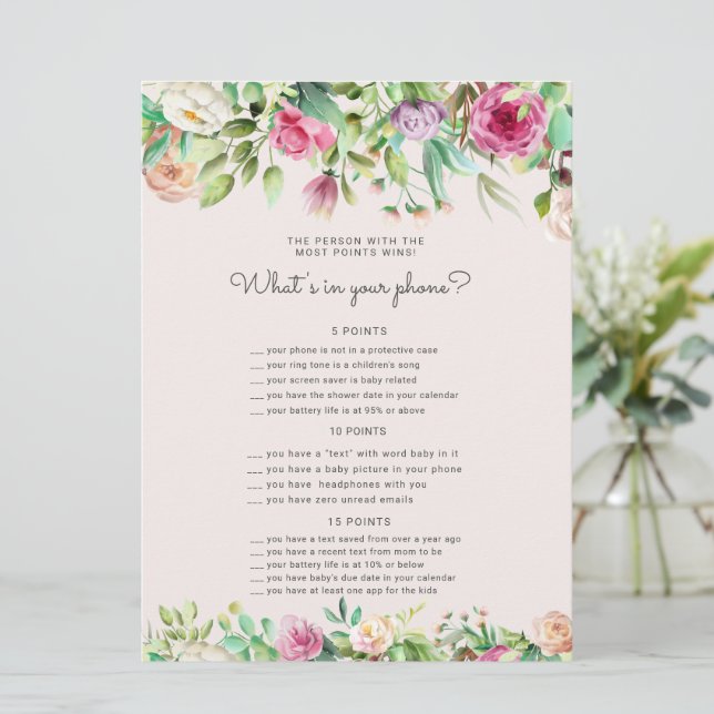 enchanted garden Baby Shower phone game card (Standing Front)