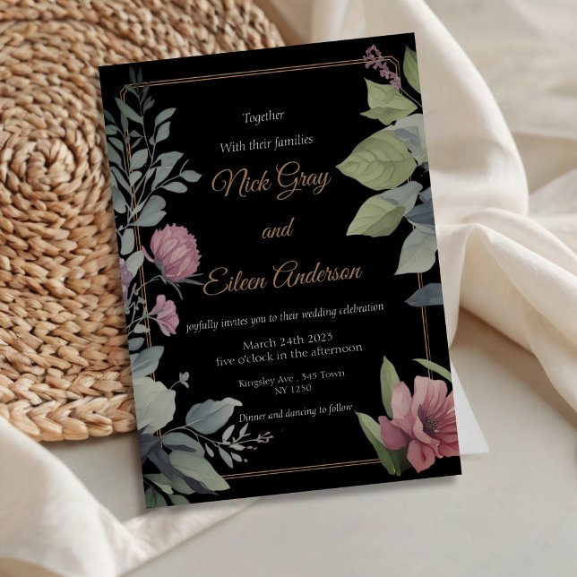 Enchanted Garden Black Wedding Invitation (Enchanted Garden Black Wedding Invite)