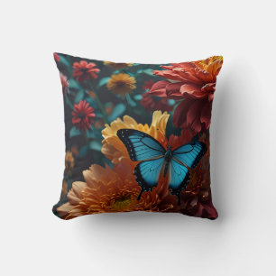 Enchanted Garden Blue Butterfly Vibrant Blooms Cushion