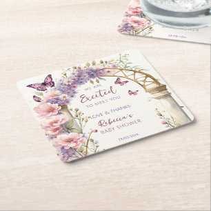 Enchanted garden butterflies baby shower favors square paper coaster