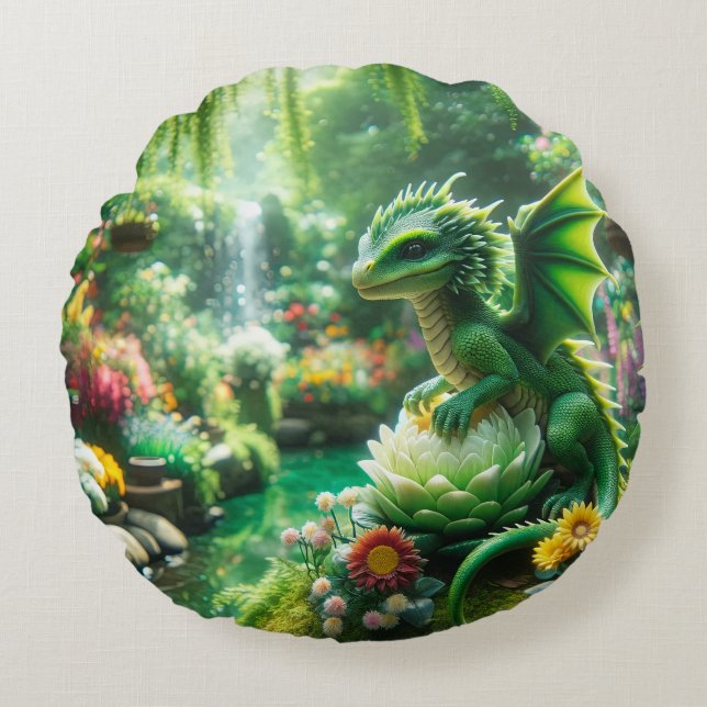 Enchanted Garden Dragon Round Cushion (Front)