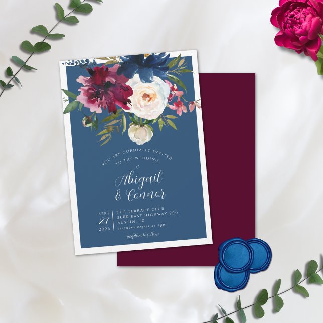 Enchanted Garden Dusty Blue Burgundy Navy Invitation (Creator Uploaded)