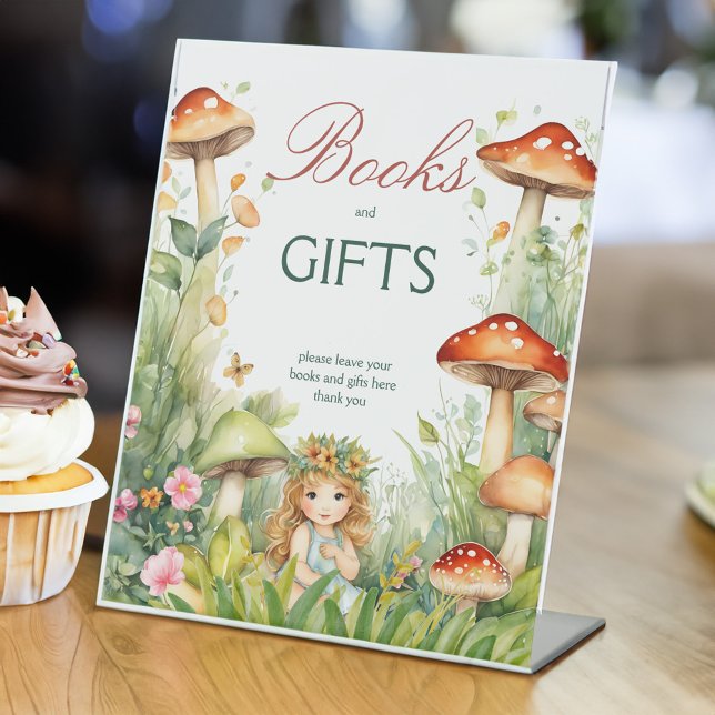 Enchanted garden fairy baby shower gifts table pedestal sign (Enchanted garden forest mushroom fairy baby shower gifts table pedestal sign personalized decor)