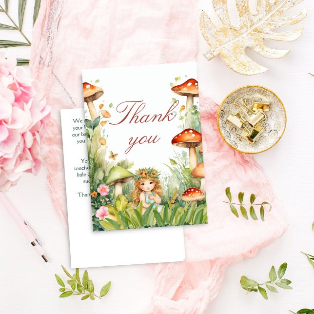Enchanted garden fairy baby shower thank you card (Enchanted forest garden fairy baby shower thank you card mushrooms cute butterfly fairy thank you)
