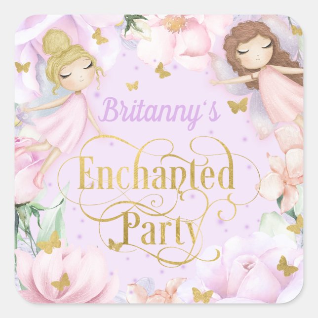 Enchanted garden fairy themed birthday square stic sticker (Front)