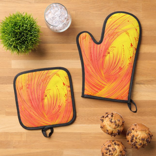 Enchanted Garden field of Golden Fire  Oven Mitt & Pot Holder Set (Top Down)