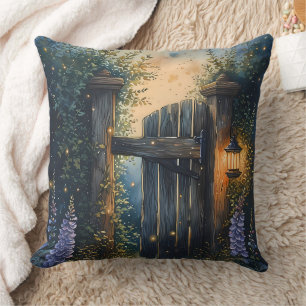 Enchanted Garden Gate Under Firefly Sky Cushion