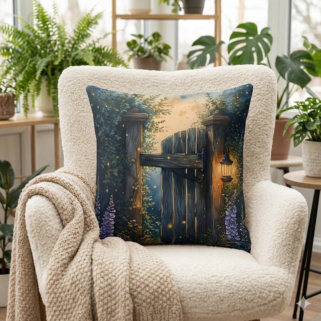 Enchanted Garden Gate Under Firefly Sky Cushion (Enchanted Garden Gate Under Firefly Sky Throw Pillow Mockup A)