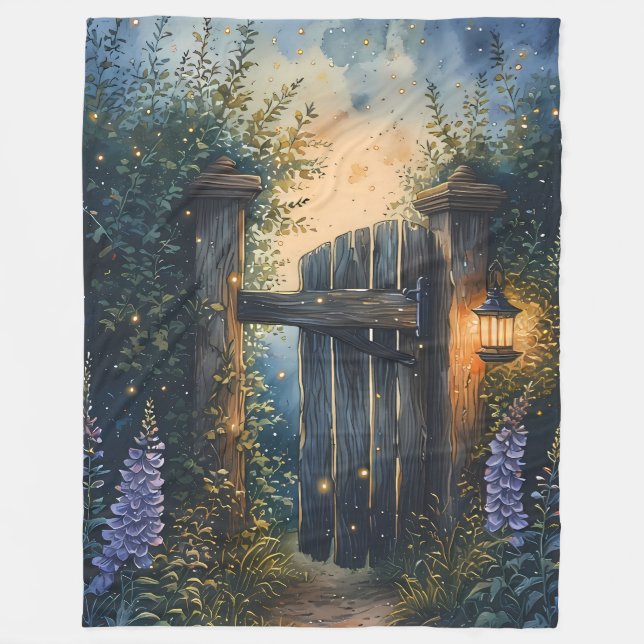 Enchanted Garden Gate Under Firefly Sky Fleece Blanket (Front)