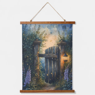 Enchanted Garden Gate Under Firefly Sky Hanging Tapestry