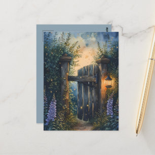 Enchanted Garden Gate Under Firefly Sky Postcard