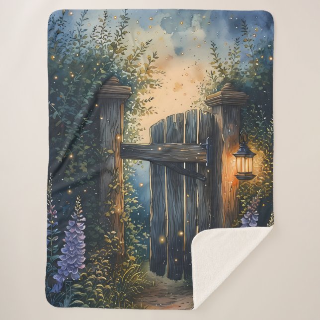 Enchanted Garden Gate Under Firefly Sky Sherpa Blanket (Front)