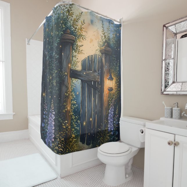 Enchanted Garden Gate Under Firefly Sky Shower Curtain (In Situ)