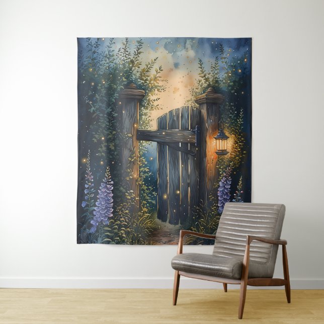 Enchanted Garden Gate Under Firefly Sky Tapestry (In Situ)