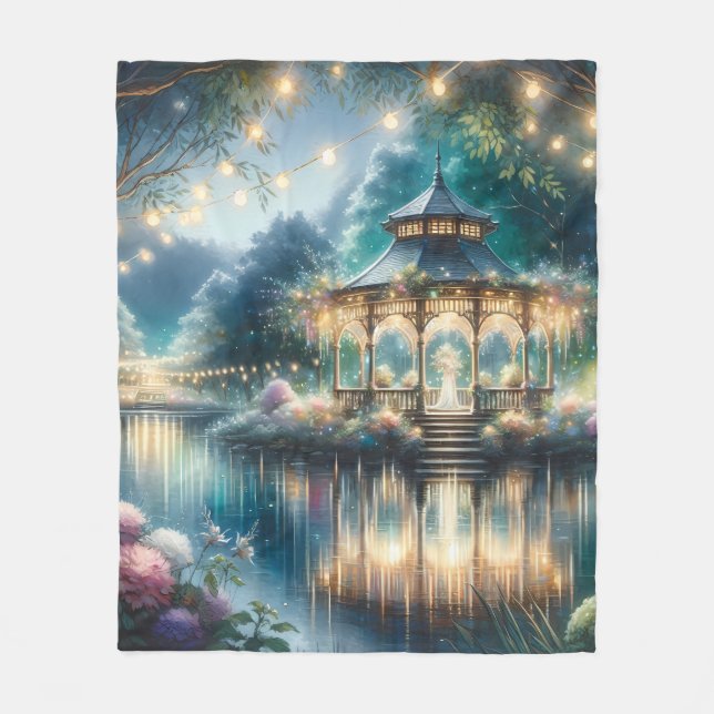 Enchanted Garden Gazebo Twilight Reflection Fleece Blanket (Front)