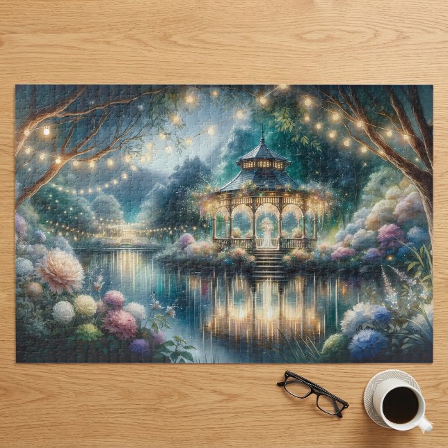 Enchanted Garden Gazebo Twilight Reflection Jigsaw Puzzle (Enchanted Garden Gazebo Twilight Reflection Jigsaw Puzzle On Table)