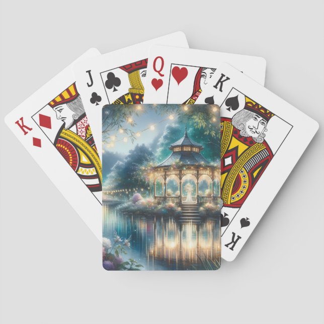 Enchanted Garden Gazebo Twilight Reflection Playing Cards (Back)