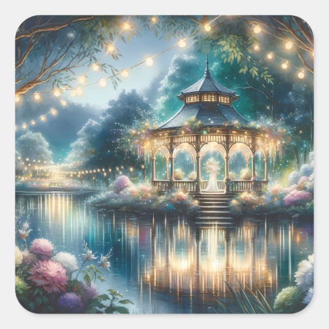 Enchanted Garden Gazebo Twilight Reflection Square Sticker (Front)