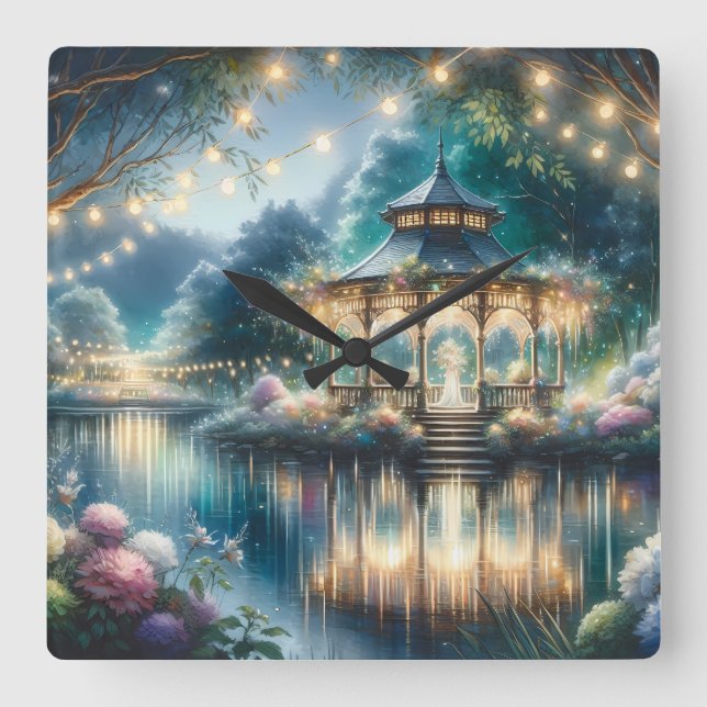 Enchanted Garden Gazebo Twilight Reflection Square Wall Clock (Front)