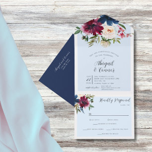 Enchanted Garden Light Blue Burgundy Navy All In One Invitation