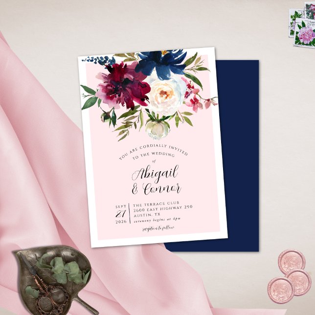 Enchanted Garden Pink Blush Burgundy Navy Invitation (Creator Uploaded)