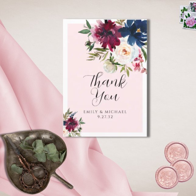 Enchanted Garden Pink Blush Burgundy Navy Thank You Card (Creator Uploaded)