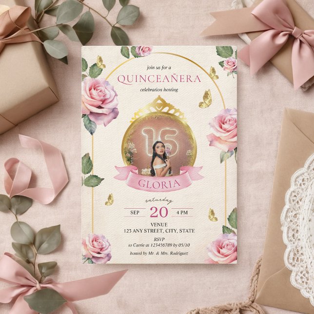 Enchanted Garden Pink Roses Gold Photo Quinceanera Invitation (Enchanted Garden Pink Roses Photo Quinceanera  Princess Tiara 15th Birthday Party Gold Arch)