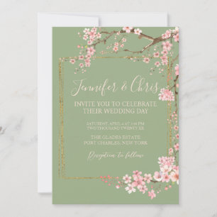 Enchanted Garden Sage Green & Pink Cherry Blossom Invitation