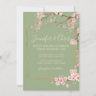 Enchanted Garden Sage Green & Pink Cherry Blossom  Invitation