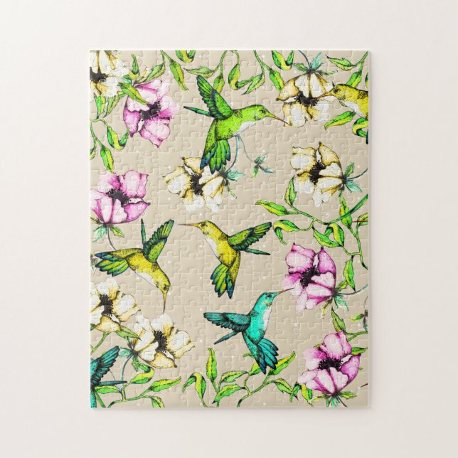 Enchanted Garden Watercolor Hummingbirds & Flowers Jigsaw Puzzle (Vertical)