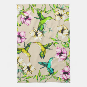 Enchanted Garden Watercolor Hummingbirds & Flowers Tea Towel