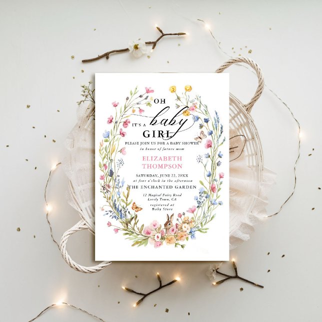 Enchanted Garden Wildflower Bunny Bird Baby Shower Invitation (enchanted garden baby shower invitation woodland forest bird butterfly rabbit spring summer)