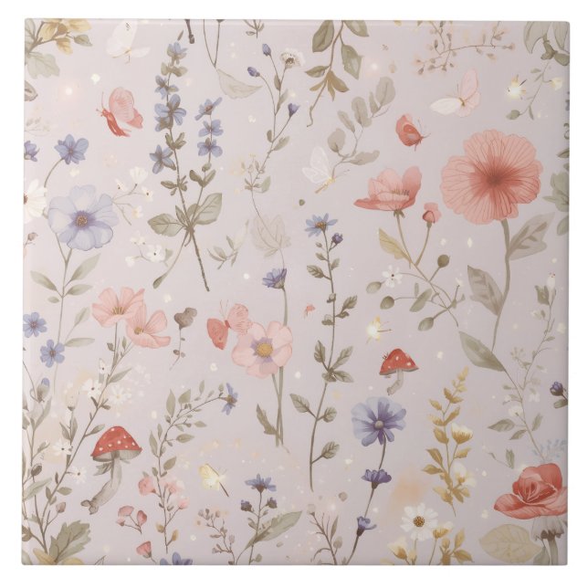 Enchanted Garden Wildflower Butterfly Botanical Ceramic Tile (Front)