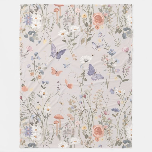 Enchanted Garden Wildflower Butterfly Whimsical Fleece Blanket (Front)