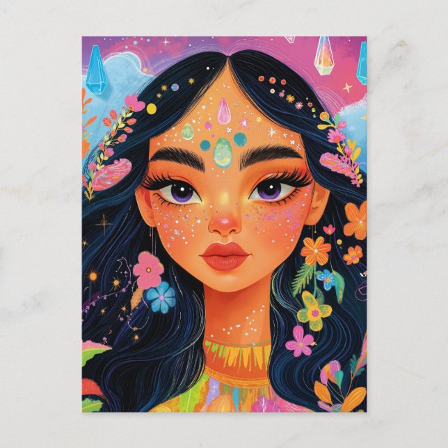 Enchanted Girl with Flowers Postcrossing Postcard (Front)