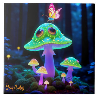 Enchanted Glowing Mushroom & Butterfly Fantasy  Ceramic Tile