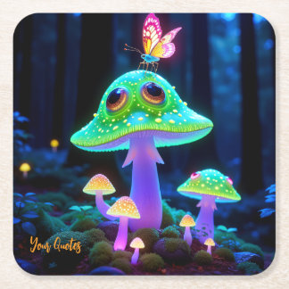 Enchanted Glowing Mushroom & Butterfly Fantasy  Square Paper Coaster