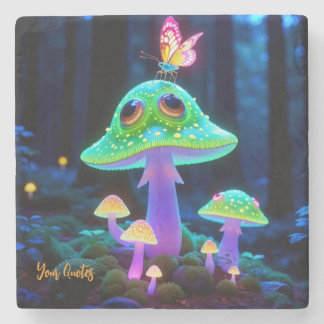 Enchanted Glowing Mushroom & Butterfly Fantasy  Stone Coaster