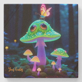 Enchanted Glowing Mushroom & Butterfly Fantasy  Stone Coaster