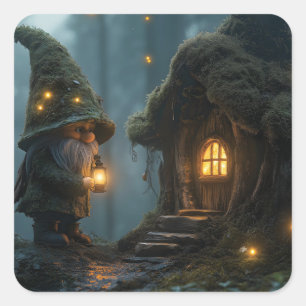 Enchanted Gnome Cottage in the Moonlight: Fantasy Square Sticker