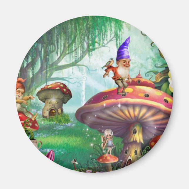 Enchanted Gnome Mushrooms Flower Gardens Magnet (Front)