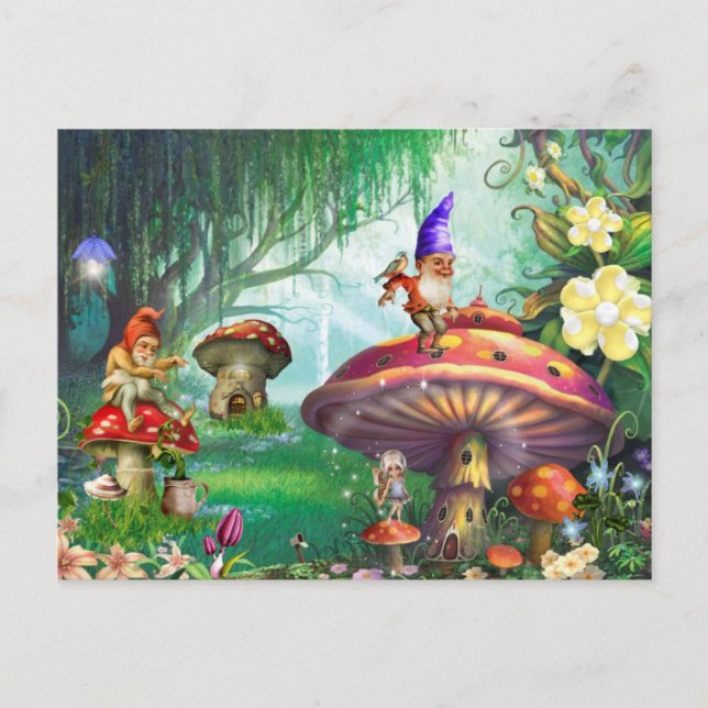 Enchanted Gnome Mushrooms Flower Gardens Postcard (Front)