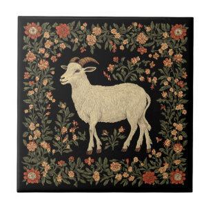 Enchanted Goat & Floral Folk Art Design Ceramic Tile