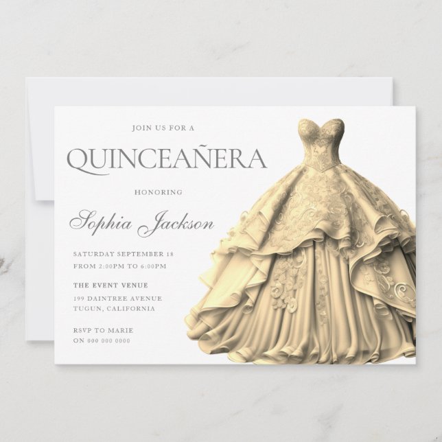 Enchanted Gold Dress Gown Quinceanera  Invitation (Front)