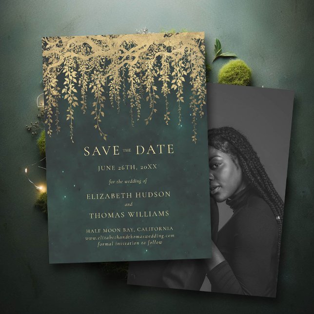 Enchanted Gold Greenery Photo Wedding Save Date Invitation (wedding save the date enchanted forest fairytale gold vines typography)