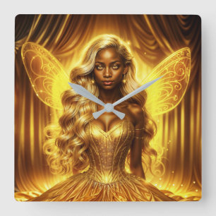 Enchanted golden fairy elegant sparkling wings square wall clock