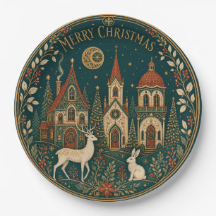 Enchanted Golden Merry Christmas Village Paper Plate